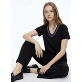 Fabrika V Yaka Düz T-Shirt, M, 5003327822, Siyah, Kadın