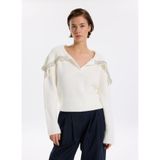 Fabrika V Yaka Relaxed Fitilli Kazak, L, 5003273434, Ekru, Kadın