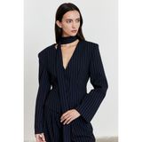 Facette Çizgili Belden Oturmalı Fular Detay Blazer Lacivert - Dropsuz