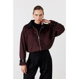 Facette Kadife Yaka Bomber Süet Ceket Bordo - S - M