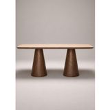 Fagus Wood Petra Traverten Desenli Porselen Yemek Masası, Çift Konik Ayak | Ceviz Renkli %100 Masif Kayın Ağacı, Bej Taş Görünümü, Modern Bohem Uyum, Mantar Ayak, 160x80 cm, Salon ve Yemek Odası