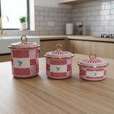 Fair Home 3’lü Bird Studio Pembe Renk Kuş Desenli Emaye Tezgah Üstü Kavanoz Takımı - 950-650-400 Ml. - 900 ml