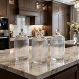 Fair Home 3’lü Çizgi Desen Tezgah Üstü Cam Drajelik-Baharatlık-Kavanoz Seti 3×850 Cc. - Şeffaf - 3 Adet - 850 ml