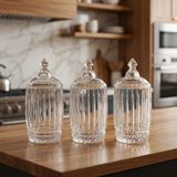 Fair Home 3’lü Elysia Desen Tezgah Üstü Cam Drajelik-Baharatlık-Kavanoz Seti 3X850 Cc. - Şeffaf - 3 Adet - 800 ml