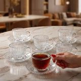 Fair Home Bahar Çizgi Desen 6 Kişilik Tabaklı Lüks Cam Çay Fincan Takımı – 240 Ml. - Şeffaf