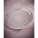 Fair Home Gümüş Renk Selçuklu Motifi Zamak Metal Yuvarlak Lüks Servis-Tepsisi – 35 cm