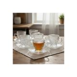 FAIR HOME Güneş Desen Cam 6 Kişilik Tabaklı Büyük Çay Fincan Seti – 6 x 210 ml