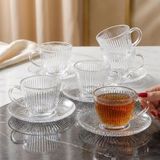 Fair Home Kristal Çizgi Desen 6 Kişilik Tabaklı Lüks Cam Çay Fincan Takımı - 200 Ml. - Şeffaf