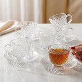 Fair Home Kristal Kesme Desen 6 Kişilik Tabaklı Lüks Cam Çay Fincan Takımı - Şeffaf - 200 ml
