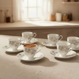 Fair Home Vio Vintage Yaldızlı Çiçekli Model 6 Kişilik Porselen Krem Kahve Fincan Takımı – 100 Ml. - Krem - Altın - 95 ml