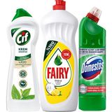 Fairy Sıvı Bulaşık Deterjanı 650 ml + Domestos Çamaşır Suyu 750 ml + Cif Krem 500 ml