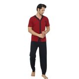 Falkom 8180 Pamuklu Penye Erkek Düğmeli Kısa Kollu Pijama Takımı (Bordo, M)