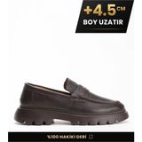 Fame Step Hakiki Deri Erkek Casual Ayakkabı +4.5 cm Boy Uzatan Kalın Taban Günlük Bağcıksız Comfort Kahverengi Loafer Venedik