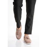 Fame Step Hakiki Deri Erkek Loafer Ayakkabı Bej Süet Günlük Rahat Casual Mokasen Püsküllü Siena