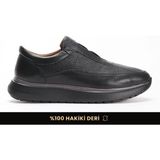 Fame Step Hakiki Deri Erkek Yürüyüş Ayakkabısı Casual Comfort Ayakkabı Günlük Rahat Taban Ortopedik Bağcıksız Ortopedik Ayakkabı Siyah Sneaker Genoa