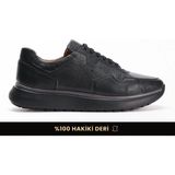 Fame Step Hakiki Deri Erkek Yürüyüş Ayakkabısı Casual Comfort Bağcıklı Ortopedik Günlük Rahat Taban Siyah Sneaker Palermo
