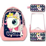 Famebag Cennec 3D Ünicorn Ilk ve Ortaöğretim Okul Çantası Beslenme Çantası ve Kalem Çantası Seti - Lacivert-Pembe