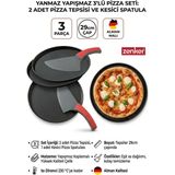 Famelya Yanmaz Yapışmaz Çelik 3 Lü Pizza Seti - 2 Adet 29 cm Pizza Tepsisi ve Kesici Spatula Dayanaklı Tava ZNKR1001, One Size