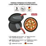 Famelya Yanmaz Yapışmaz Çelik 3 lü Pizza Seti - 2 adet 29 cm Pizza Tepsisi ve Kesici Spatula Dayanaklı Tava