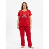 Fames Büyük Beden Yazlık Kısa Kol Sweet Dreams Kadın Pijama Takımı - Kırmızı - 2XL