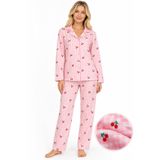 FAMES PİJAMA Kadın Süet Düğmeli Mevsimlik Ekose Desen Pudra Pijama Takımı