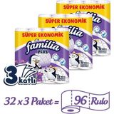 Familia Plus 3 Katlı Parfümlü Tuvalet Kağıdı 32'li x 3 Ekonomik Paket 96 Rulo - Beyaz
