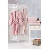 Family Dantelli Pembe & Kapucino Aile Bornoz Seti 6 Parca Ceyizlik Kadin Erkek Banyo Havlu Takimi