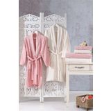 Family Dantelli Pembe & Krem Aile Bornoz Seti 6 Parca Ceyizlik Kadin Erkek Bornoz Banyo Havlu Takimi