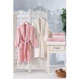 Family Nakisli Pembe & Krem Aile Bornoz Seti 6 Parca Ceyizlik Kadin Erkek Bornoz Banyo Havlu Takimi