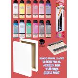 Fanart 30X30 Tuval 2 Adet 12 Renk 140 ml Akrilik Boya 4'lü Fırça Şişeli Palet - Beyaz