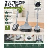 Fanatik 3'lü Fırça Seti, Banyo, Lavabo ve Bulaşık Temizliği için, Gri, Plastik Saplı