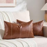 Fancy Homi 2 Paket Kahverengi Boho Bel Suni Deri Dekoratif Kırlent Kılıfları 30,5 x 50,7 cm Oturma Odası Kanepe Yatak Kanepe için, El Dikişli Dikdörtgen Yastık Kılıfı, Rustik Modern Çiftlik Evi Ev