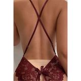 Fancy&dancy Kadın Bacak Arası Açık Dantel Tül Babydoll - Çapraz Askı Detaylı Şık Gecelik - Tek Parça Iç Çamaşırı Bodysuit - 7300 - Bordo