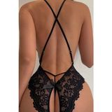 Fancy&dancy Kadın Bacak Arası Açık Dantel Tül Babydoll - Çapraz Askı Detaylı Şık Gecelik - Tek Parça Iç Çamaşırı Bodysuit - 7300 - Siyah
