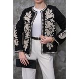 FancyWorld Siyah Bej Desenli Nakış İşlemeli Vintage Ceket