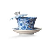 fanquare Çin Ejderhası Gaiwan Mavi Sancai Çay Kasesi Seti, 100 ml Porselen Fincan ve Tabak