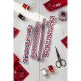 FANTASTIC KURDELE Etamin Desenli Jakarlı Dokuma Kurdele Seti - 4 Farklı Model (Toplam 8 Metre) Kırmızı Siyah Motifli