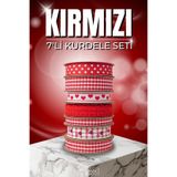 FANTASTIC KURDELE Kırmızı Temalı 7'li Dokuma Kurdele Seti – Ekose, Kalpli, Puantiyeli, Dantel ve Çiçekli Hediye Paketi & Hobi Süsleme Kurdelesi