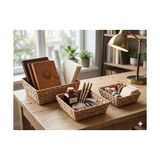 Fantastik Store Doğal El Örgüsü Muz Lifi Hasır Sepet Seti - 3'lü Dikdörtgen Banyo, Ev Organizer ve Spa Masaj Odası Havluluk, Ekmeklik - Kestane Akaju - Option-1