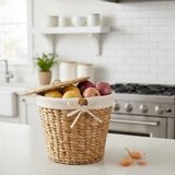 Fantastik Store Su Sümbülü Patates Soğan Kovası | Doğal Hasır Saklama Sepeti | El Yapımı Yuvarlak Şekilli Mutfak Düzenleyici | Dekoratif Sebze Kovası (25X25X25CM) - Kestane Akaju - Option-1