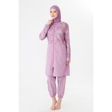 Fantasy Tam Kapalı Büyük Beden Paraşüt Kumaş Desenli Tesettür Mayo PEMBE-3504B - 5XL