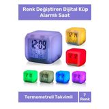 Fantazer Hediyelik Dekoratif Termometreli Takvimli 7 Renk Değiştiren Dijital Küp Alarmlı Masa Çalar Saat