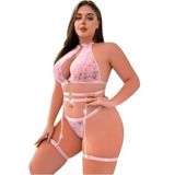 Fantezi Büyük Beden Pembe Sütyen-Külot-Jartiyer Set