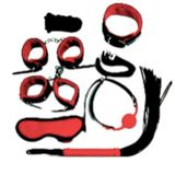 Fantezi Kelepçe-Kırbaç-Maske-Tasma 8 Parça Zincirli Kırmızı-Siyah Deri Set