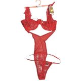 Fantezi Kırmızı Dantel Tül Tanga Kırmızı Bodysuit
