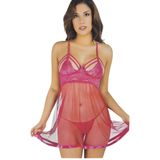 Fantezi Kısa Tül Dantel-İpli Tanga Pembe Gecelik Set