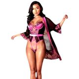 Fantezi Tül Siyah Pembe Bodysuit-Sabahlık Set