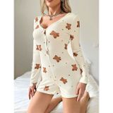 Fantezia Night Kadın Bej Ayıcık Desenli Pijama Tulumu 5123