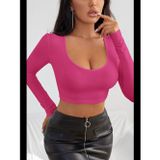 Fantezia Night Kadın Fuşya Uzun Kol Kare Yaka Crop Top Bluz