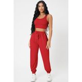 Fantezia Night Kadın Siyah Kaşkorse Cepli Jogger Eşofman Altı ve Crop Top Bluz - Kırmızı - S - M